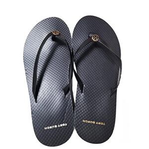 New Tory Burch 86576 Black With Gold Hardware Women's Platform Flip Flops Size 1